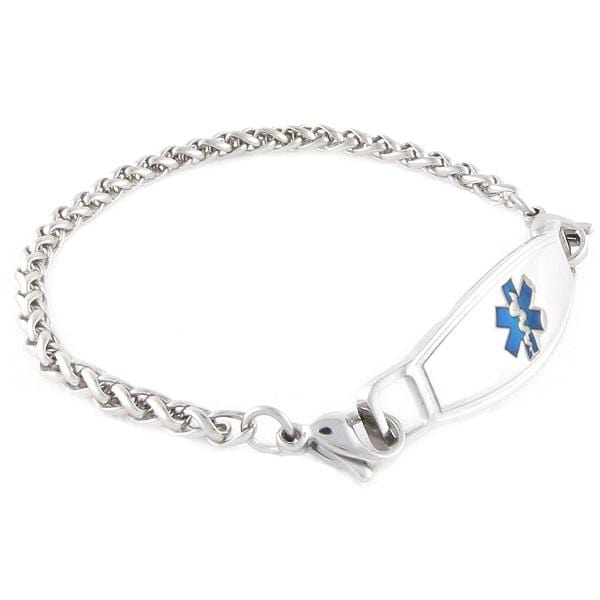 Stainless steel medical bracelet in a wheat design chain with blue symbol medical ID tag. 