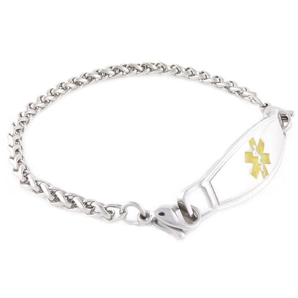 Stainless steel medical bracelet in a wheat design chain with gold symbol medical ID tag. 