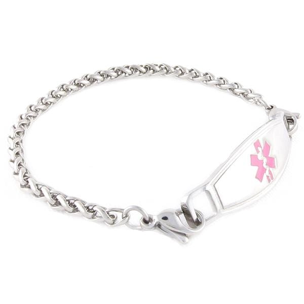 Stainless steel medical bracelet in a wheat design chain with pink symbol medical ID tag. 